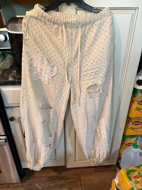 POL Beige Distressed Track Pants with Embroidered Patches